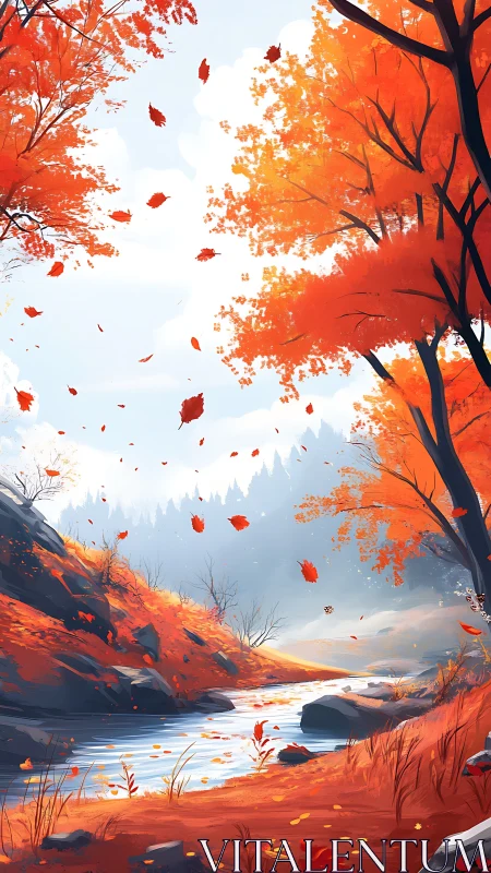 Gentle autumn river winding through a glowing orange forest.