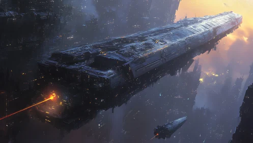 Colossal warship traverses dystopian megacity at sunrise