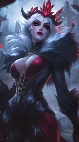 Armored sorceress queen in red-black cuirass under cold backlight