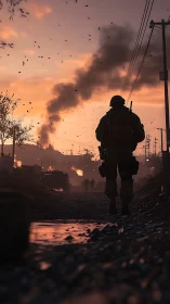 Lone soldier walking through a burning dusk battlefield.