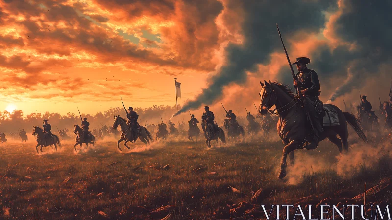Gallant cavalry riders surge forward under a blazing sky at dusk