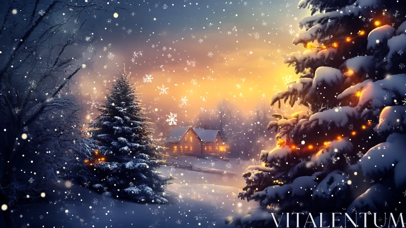 Snow-covered evergreen trees and house at winter dusk.