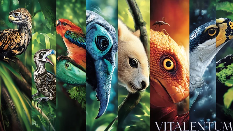 Vibrant Split-Panel Art of Jungle Birds, Reptiles, and Mammals.
