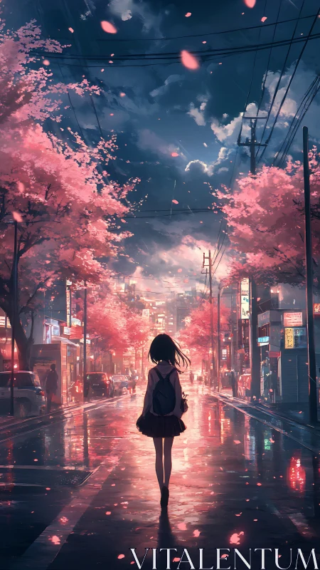 Girl walks through neon city under glowing cherry blossoms.