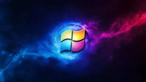 Glowing window logo floating in a swirling neon galaxy.