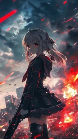 Anime warrior girl stands defiant amid burning city ruins