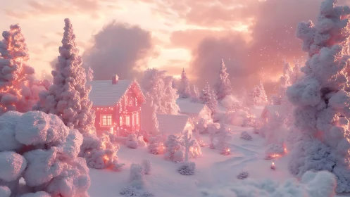 Snowy pink cottage glows softly in a dreamy winter forest