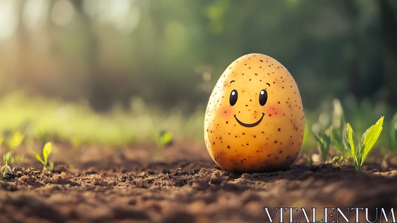 Smiling illustrated potato positioned on soil in garden.
