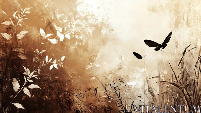 Butterflies and foliage overlap on textured sepia background