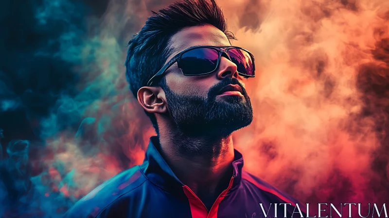 Stylish bearded man in sunglasses framed by vibrant smoke