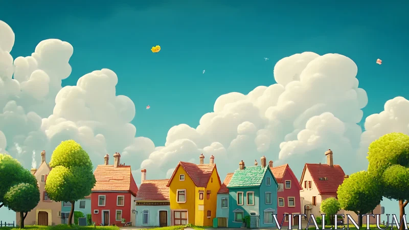 Stylized pastel village houses under towering cumulus clouds