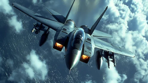 Modern jet fighter banking above clouds in strong light.