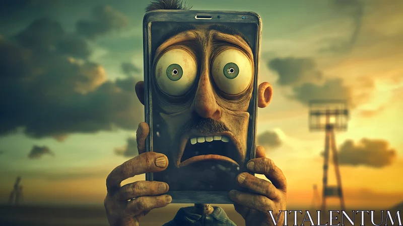 Distorted male face is framed within a handheld smartphone