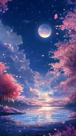 Moonlit cherry blossom lake glows gently under a starry sky