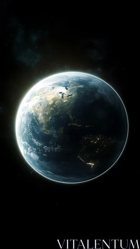 Quiet blue planet glowing softly in the velvet dark of space.