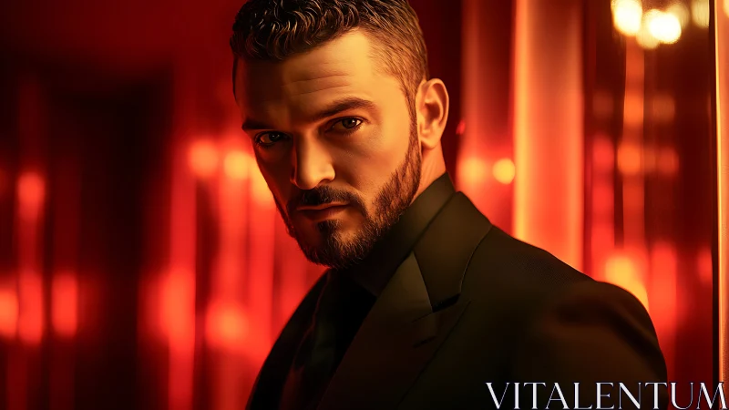 Stylish man in red neon corridor radiates cinematic tension