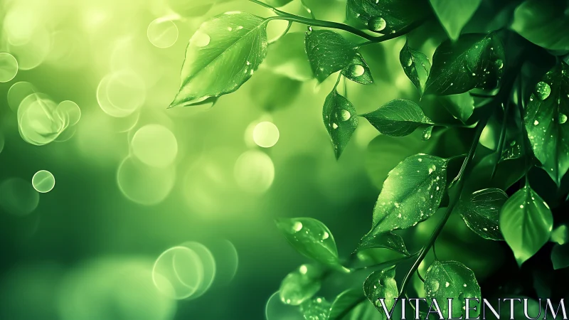 Green foliage with water droplets against blurred bokeh field.