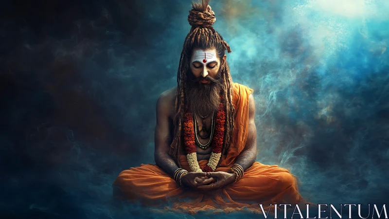 Mystic yogi adrift in swirling cosmic meditation clouds.
