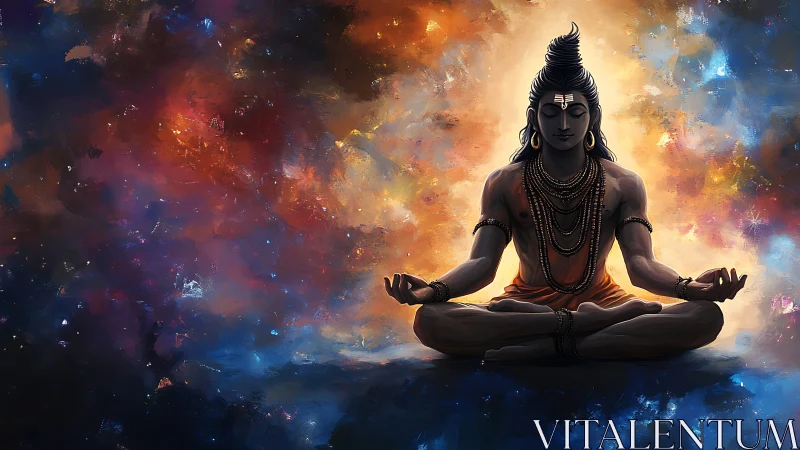 Meditating Shiva figure against vivid cosmic backdrop.