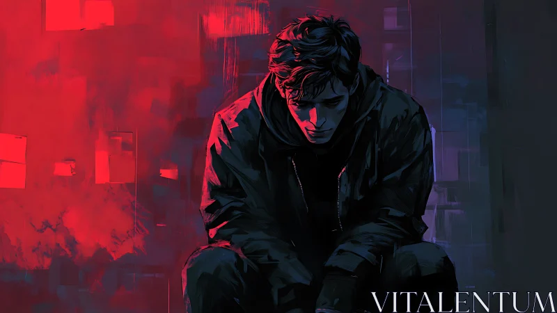 Brooding figure crouches under neon red and blue haze.