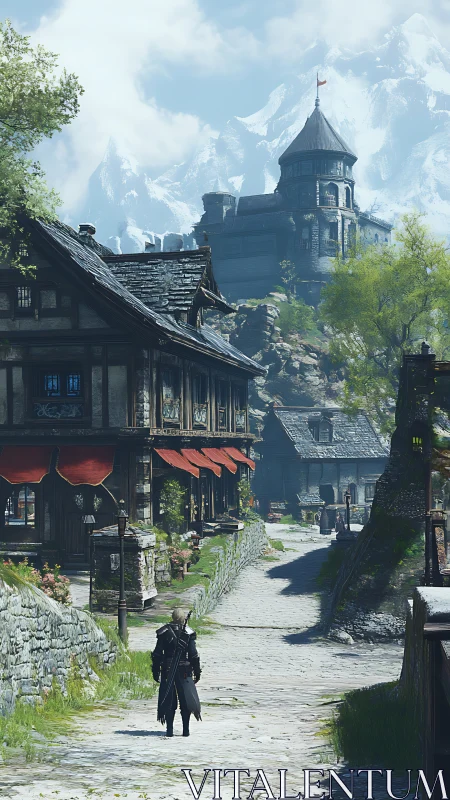 Medieval stone street with distant fortress and mountains.