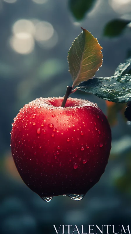 Photorealistic close-up of dew-covered red apple on branch.