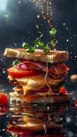 Gourmet cheeseburger stack with dripping sauce splash.