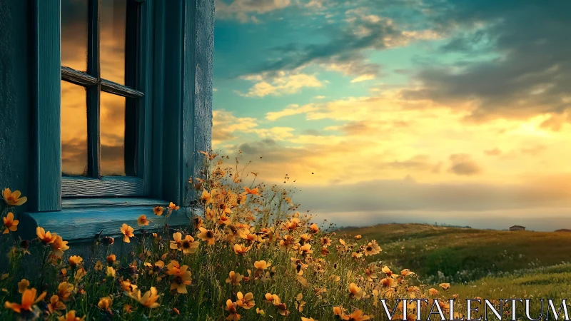 Sunlit cottage window beside wildflower meadow at dusk.