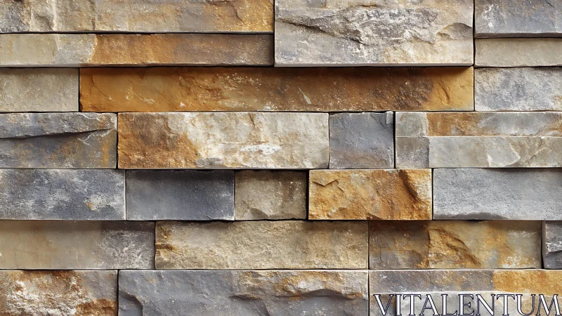Modern stacked stone wall with rustic texture and earth tones.