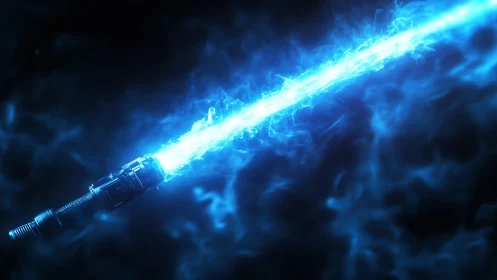 Blue energy sword ignites through swirling nebula haze.