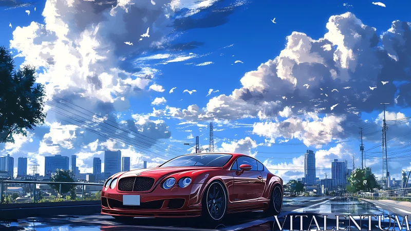 Red sports coupe glides under towering city summer clouds