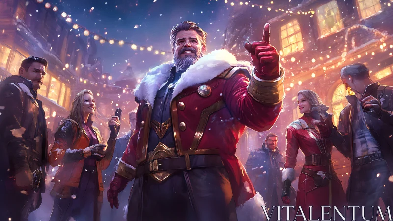 Holiday street gathering with central figure in red coat.