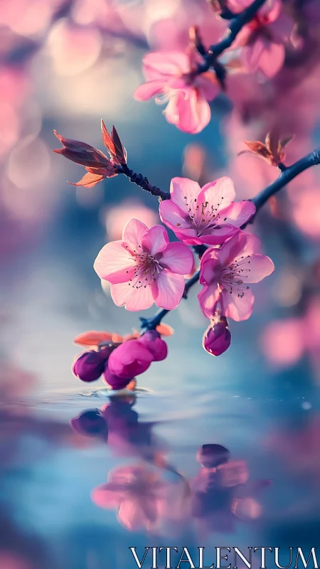 Cherry Blossoms with Water Reflections: Pink Prunus Blooms in Shallow Water