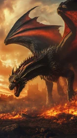Fire-breathing dragon dominates burning medieval cityscape