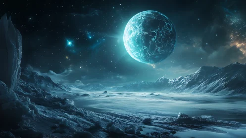 Digital painting of frozen exoplanet under luminous blue moon.