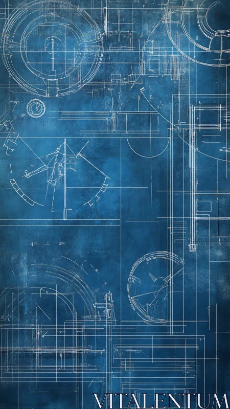 Mechanical blueprint schematic on distressed blue field.