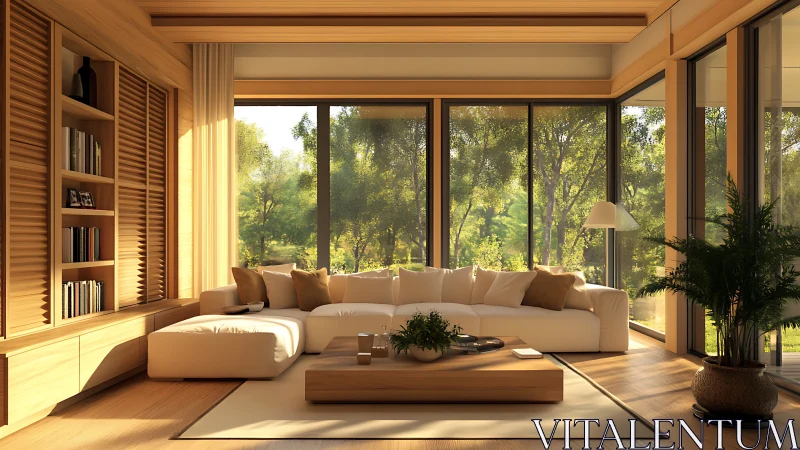 Sunlit minimalist living room with panoramic forest views.