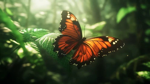 Orange butterfly on leaf in softly lit forest scene.