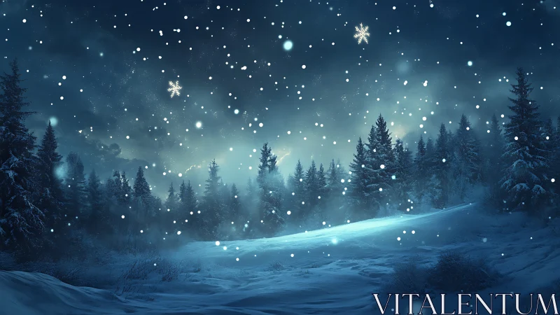 Snowy night forest under falling snow and glowing sky.