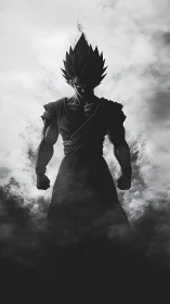 Silhouetted anime warrior figure in monochrome smoke field.
