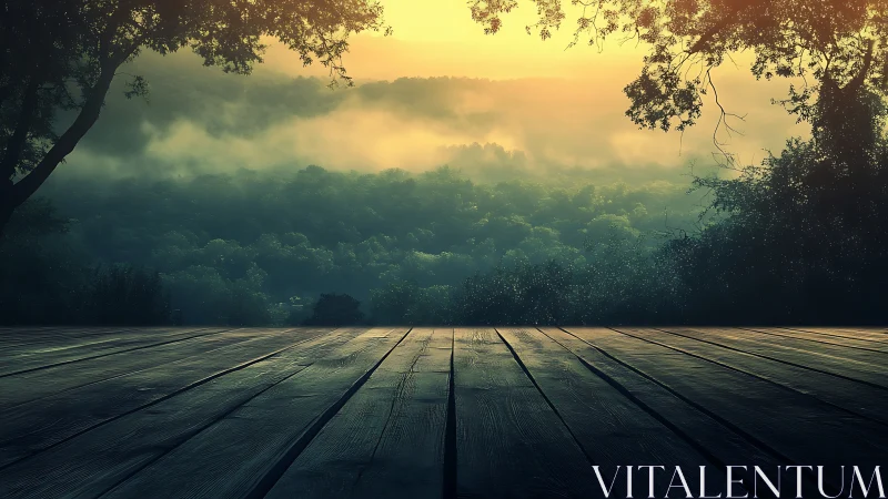 Golden Misty Valley Vista: Wooden Platform Overlooking Layered Forest.