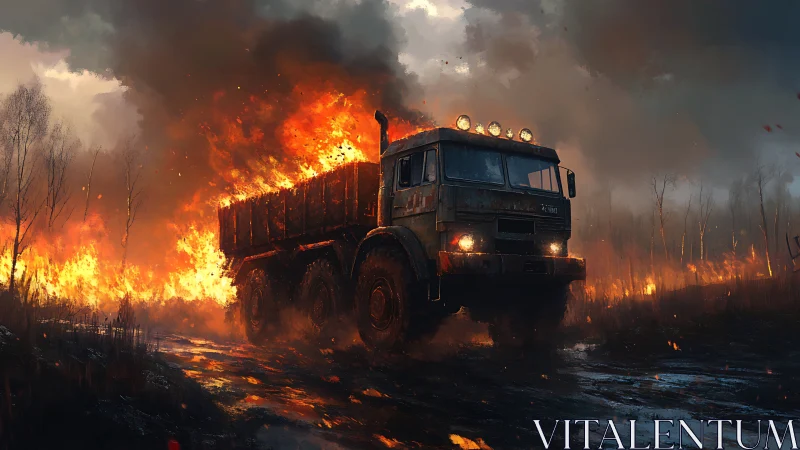 Rugged truck pushes forward through a fierce forest blaze