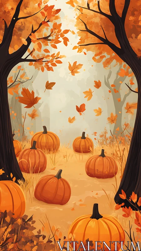 Autumn Harvest: Pumpkin Patch Among Falling Leaves