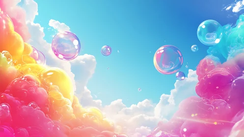 Colorful translucent bubbles drift between bright clouds