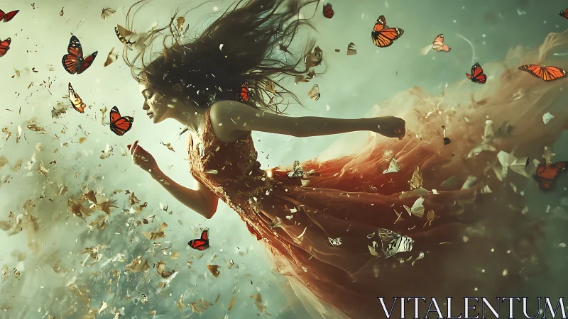 Dynamic female figure in motion surrounded by butterflies and debris