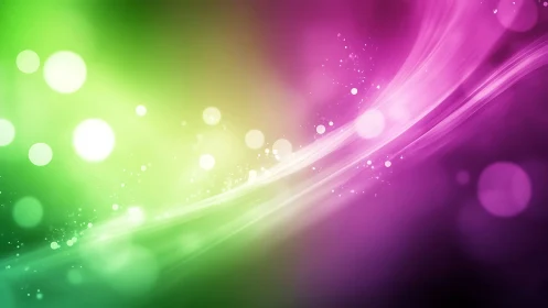 Glowing green and pink light waves drifting through night.