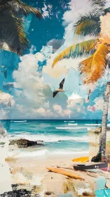 Tropical beach collage with palm trees, surfboard, and bird.