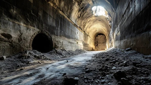 Collapsed stone tunnel interior with dramatic top lighting.