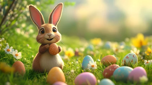 Cartoon rabbit holding decorated egg in spring meadow scene.