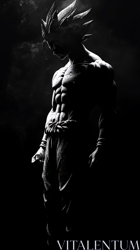 Shadowed anime warrior statue under dramatic rim light.